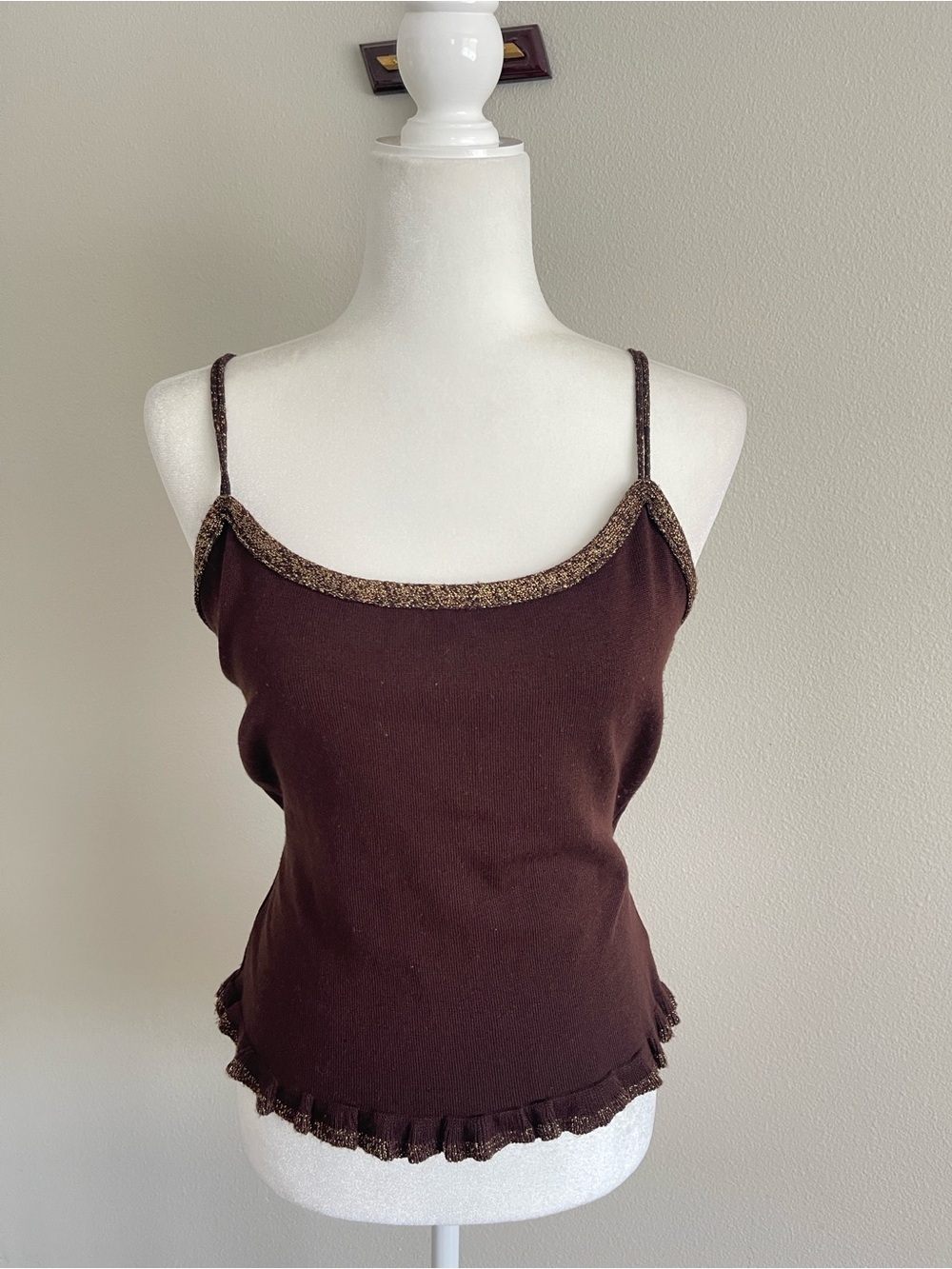 Brown Ribbed Camisole with Metallic Trim